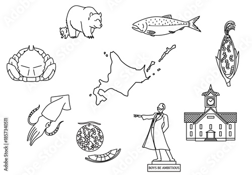 北海道の名物や観光地をモチーフにしたアイコンセット｜クマやカニサケトウモロコシメロンクラーク像など北海道を象徴する要素をまとめたイラスト素材