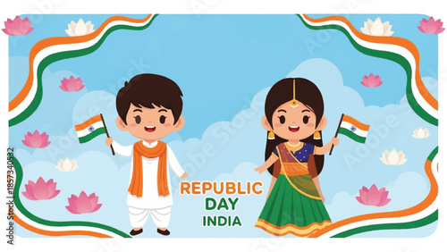 Republic Day India celebration. Vector illustration of boy and girl holding flags. Traditional Indian clothing. Blue background with clouds and flowers. Orange, green, and white colors.