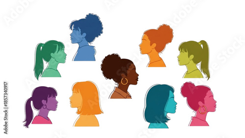 Diverse group of women profiles illustration showcasing different hairstyles and colors