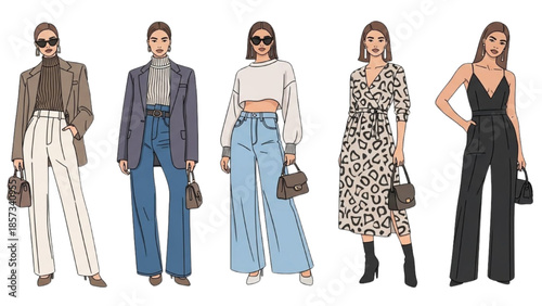 Fashionable women showcasing stylish outfits and accessories in various poses and attire