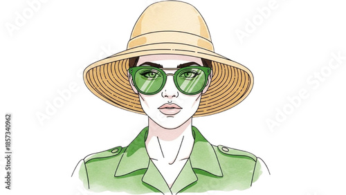 Illustration of a woman wearing a hat and sunglasses in a stylish outfit