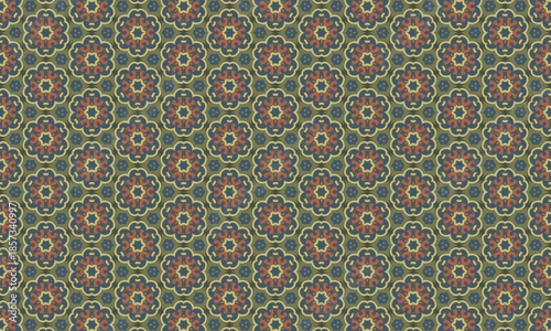 Vibrant floral pattern with intricate red, blue, and yellow designs