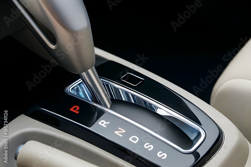 Close up of a modern automatic car gear shift lever in a luxury vehicle interior. Concept of automotive technology, driving, transportation, and sleek dashboard design for premium comfort.