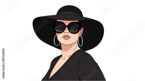 A fashionable woman wearing sunglasses and a large hat poses confidently against a white background