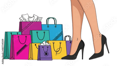 Woman's legs and shopping bags on a white background
