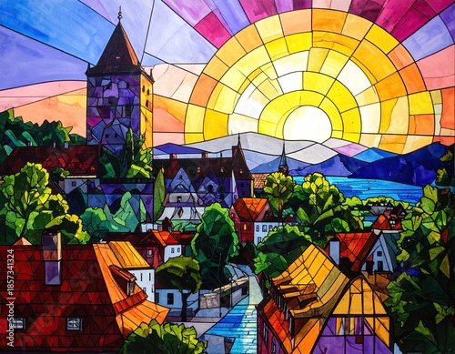Stained-glass city with sun, tower, houses, and water