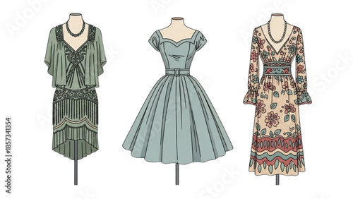 Illustration of three vintage dresses displayed on mannequins against a white background
