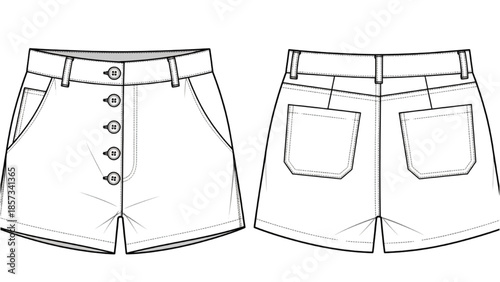 Line drawing of white shorts from front and back views on a clean white background