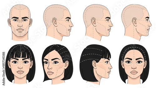 Illustrations of diverse human faces showcasing different profiles and hairstyles