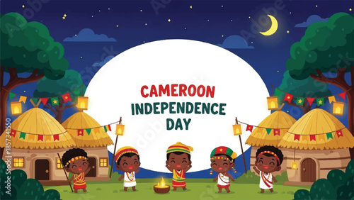 Cameroon Independence Day celebration. Vector illustration of traditional village scene. African culture. Nighttime festivities. Village huts. People dancing. Fire pit. Moon and stars.