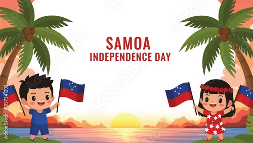 Samoa Independence Day celebration. Traditional Samoan flag waving children. Tropical sunset background. Palm trees. Vector illustration. Holiday greeting card. Cultural event. Ocean