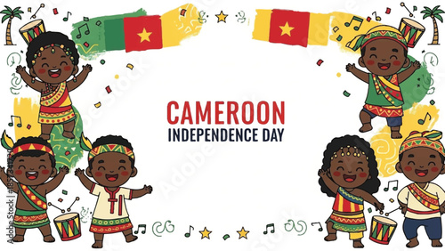 Cameroon Independence Day celebration. Vector illustration of children dancing. Traditional African clothing. Green, yellow, and red flags. White background. Festive design.