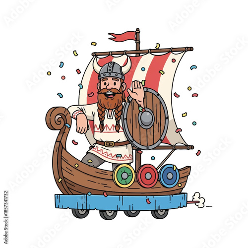 Viking warrior on a decorated boat. Cartoon illustration of a bearded man with a horned helmet. Colorful confetti and festive elements. Vector design on white background. Party and