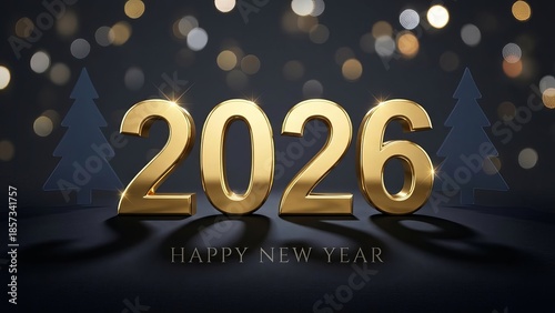 3D Gold 2026 Happy New Year Numbers with Christmas Tree Silhouettes and Bokeh