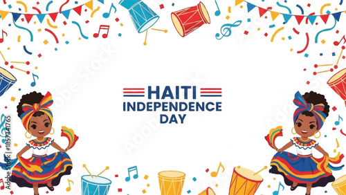 Haiti Independence Day celebration. Vector illustration with dancing girls. Colorful confetti and music notes. Traditional Haitian dresses. Flag and patriotic symbols. White background.
