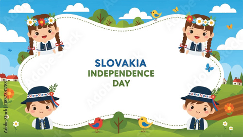 Slovakia Independence Day. Cartoon illustration. White text box. Kids in uniform. Blue sky background. Green grass. Flowers and trees. Vector design.