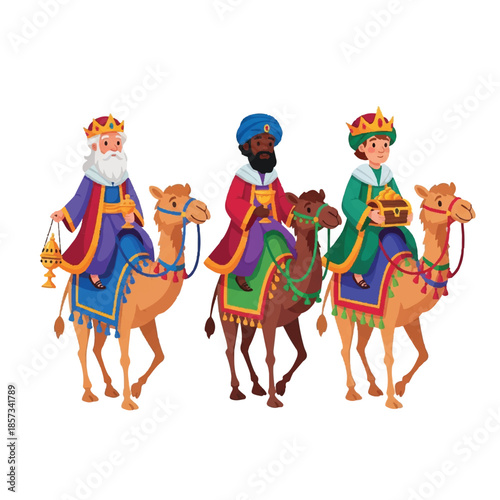 Three wise men riding camels. King figures on animals. Christmas characters. Vector illustration of biblical kings. Men in royal clothes. Camels with riders. White background. Colorful