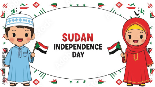 Sudan Independence Day. Cartoon children holding flags. Traditional Sudanese clothing. Vector illustration. Holiday greeting card. Cultural celebration. Kids in national dress. African