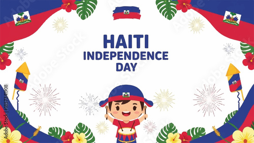 Haiti Independence Day. Cartoon character illustration. Blue, red, and white color scheme. Flag elements. Floral pattern. Holiday greeting card. Vector design. White background.