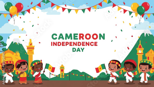 Cameroon Independence Day celebration. National holiday banner. Vector illustration with kids, flags, and mountains. Colorful balloons and bunting. African country emblem. Festive design