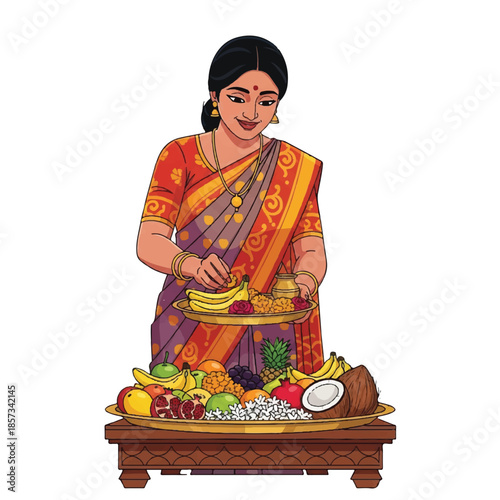 Indian woman in traditional attire. Woman holding a plate of food. Traditional Indian festival offering. Food arrangement on a wooden table. Cultural celebration illustration. Vector