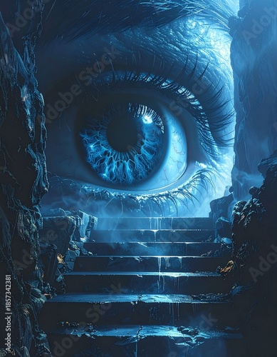 surreal symbolic illustration with eye and stairs, dream art style