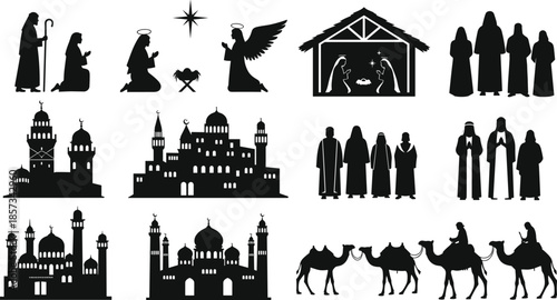 Religious silhouette collection featuring nativity scene, Islamic mosque architecture, pilgrims, angels, camels, and holy figures isolated on white background