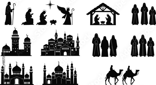Religious silhouette set with nativity scene, angels, holy family, Islamic mosques, pilgrims, and camel caravan isolated on white background