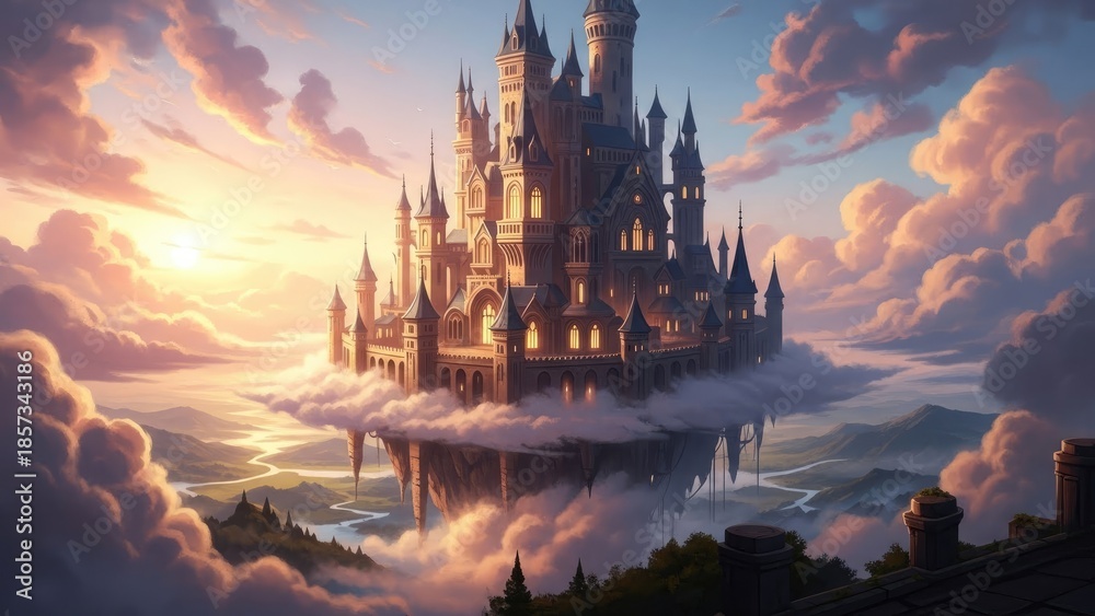 Naklejka premium Fantasy Castle in the Clouds at Sunset.