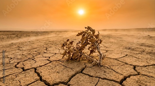 Withered plant in cracked desert landscape under harsh sun