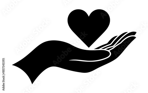 Vector icon silhouette of a hand with a heart, palm holding a heart, symbol of care, love, and charity, isolated on a transparent background