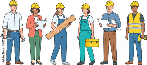 Construction workers illustration, diverse team wearing safety helmets holding tools flat vector professional workforce industry teamwork concept modern builder people