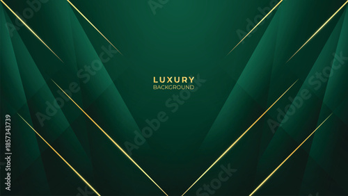 Abstract Luxury Green Background with Elegant Shiny Golden Lines, Geometric Layers, and Premium Modern Design