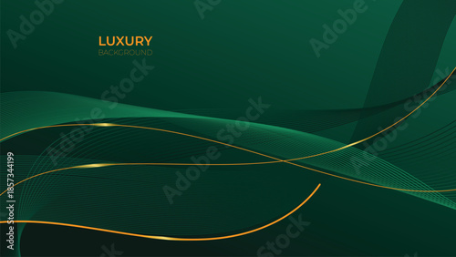 Waves Abstract Luxury Green Background with Elegant Shiny Golden Lines, Geometric Layers, and Premium Modern Design
