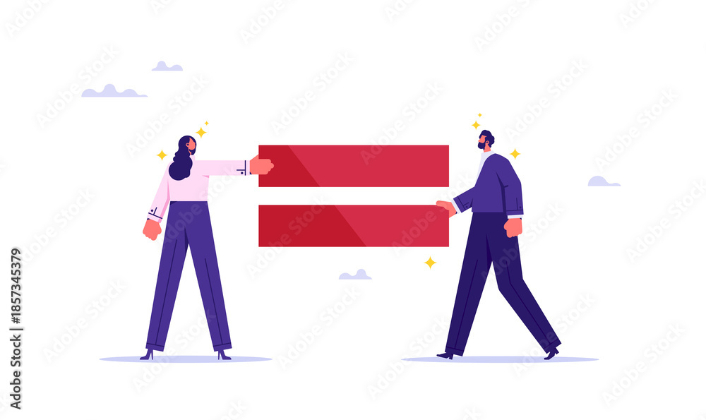 Obraz premium Equality in workplace concept, providing equal job opportunities for all employees without discrimination concept, businessman and Businesswoman holding with equal sign