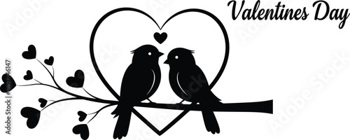 Romantic Valentine's Day illustration of loving birds on heart shaped branch