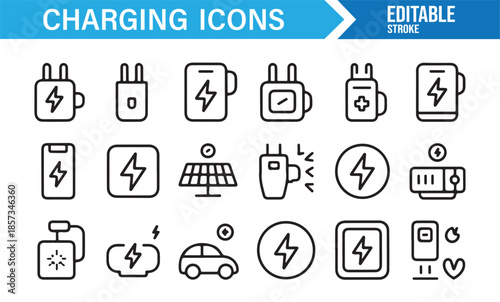Battery charging and electric power outline icon collection