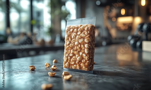 Peanut brittle energy bar in clear plastic wrap on a gym floor
