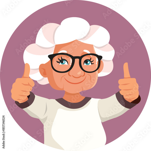 Elderly Woman Holding Thumbs Up Vector Cartoon Character. Positive senior lady feeling confident and overjoyed 
