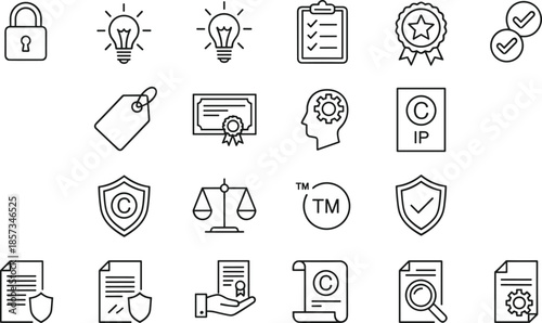 Outline Vector Icon Set Representing Intellectual Property Rights Copyright Protection Trademarks Legal Certification Patents and Professional Business Security Concepts