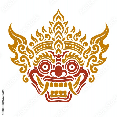 A stylized traditional mask illustration with bold red and gold colors, wide eyes, sharp fangs, and ornate flame-like details inspired by Southeast Asian folklore.