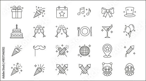 Outline Vector Icon Set Representing Special Events Parties Holidays Celebrations Festive Entertainment Ceremonies and Social Gathering Milestone Concepts
