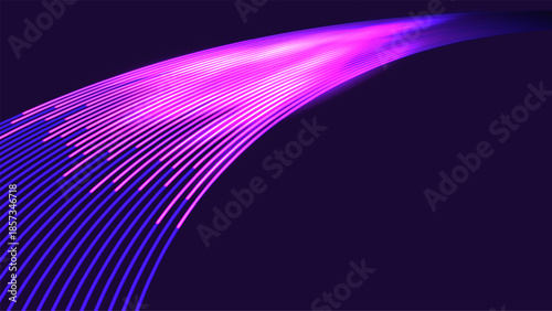 Glowing purple and pink light trails, dynamic digital background. Futuristic abstract illustration represents data transfer, high speed internet, and fiber optic technology.