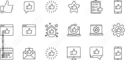 Outline Vector Icon Set Representing Customer Satisfaction Positive Feedback User Reviews Approval Ratings Success Metrics and Digital Engagement Concepts