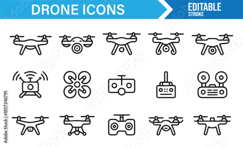 Aerial photography and drone technology outline icons
