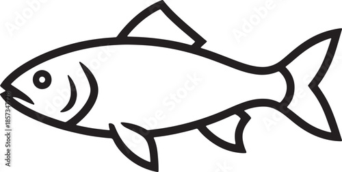 Simple black and white line of a stylized fish with fins and tail clearly defined, facing left on a white background also transparent background
