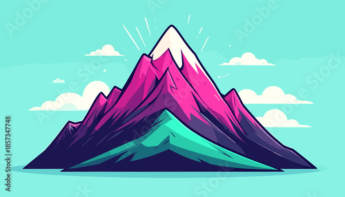 Stylized mountain illustration with pink and purple hues, snow-capped peak, and a bright blue sky with fluffy white clouds.