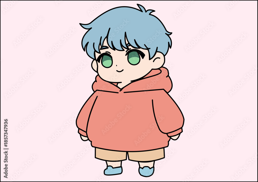 Fototapeta premium Adorable Chibi Boy with Blue Hair and Cute Orange Hoodie Illustration