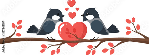 Two loving birds on a branch with a heart