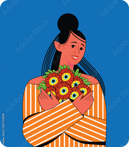 Portrait of smiling young woman holding colorful bouquet of blooming flowers. Beauty fashion face portrait.